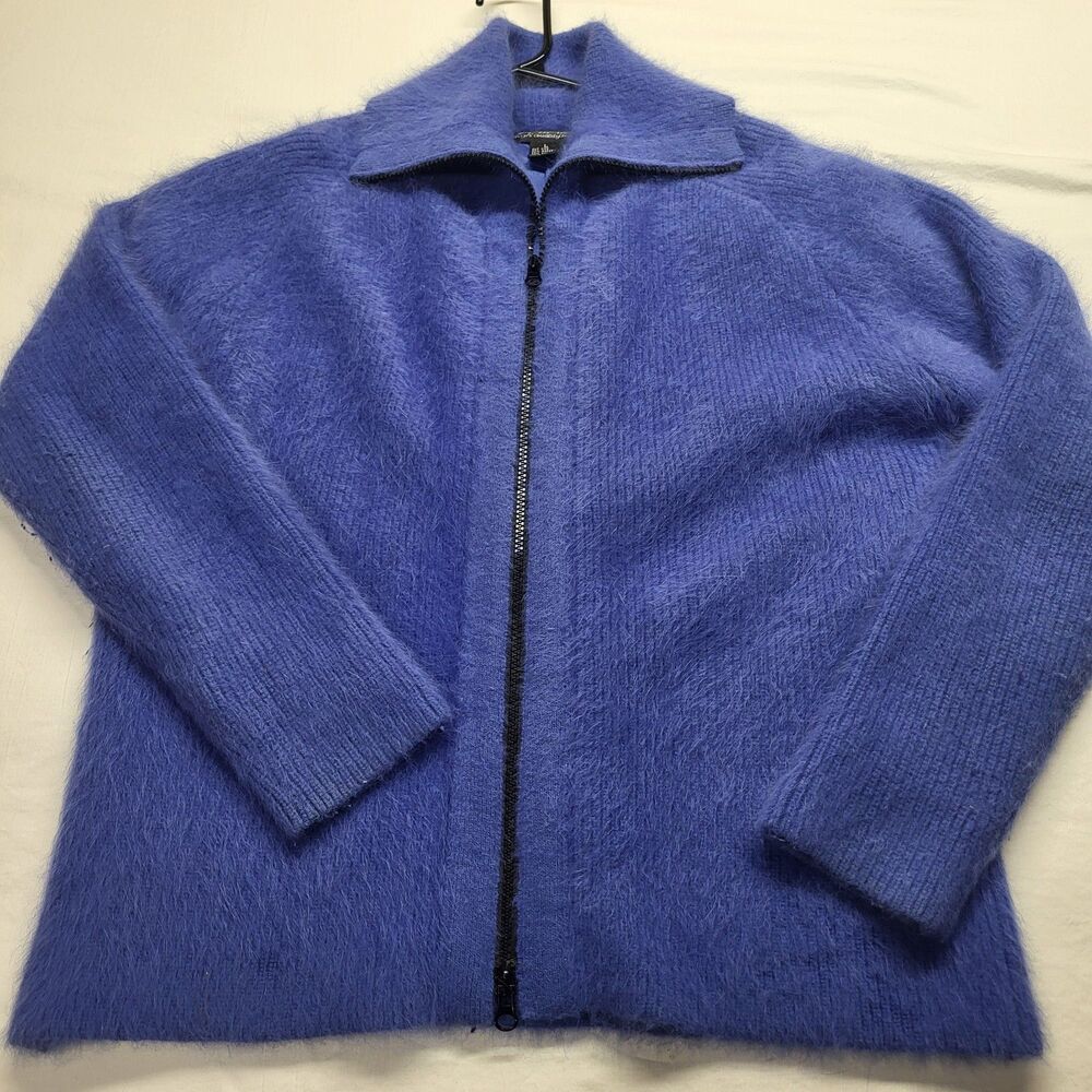 Vintage 90s VENESHA Size Large 80% Angora Jacket Fuzzy Zip-Up Blue
